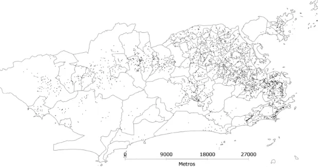 Figura 1. Distribuição de novos casos de tuberculose notificados, georreferenciados por endereço de residência, no município do Rio de  Janeiro, 2006