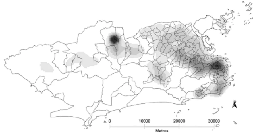 Figura 3. Mapa de densidade de novos casos de tuberculose, georreferenciados por endereço de residência, segundo estimador Kernel, e  distribuição espacial de favelas, no município do Rio de Janeiro, 2006