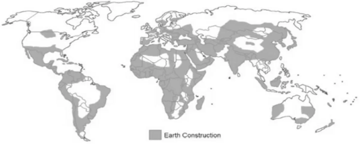 Figura 1 – Distribuição geográfica mundial da construção em Terra (adaptado de Silva (2013)) 
