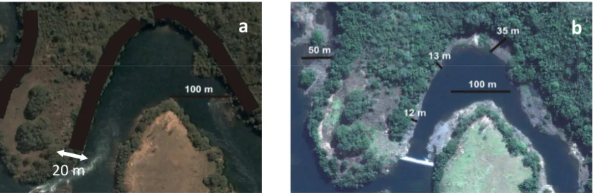 Figure 1.2 - Satellite image of riparian forest on southern Brazil, object of this study, a = 2005 (T0)  riparian  plots  figure  and  b  =  2009  (T4)  riparian  forest  showing  flow  reduction  and  the  distance  between  forest  with  water  after  sp