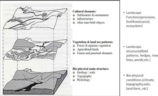 Fig.  4.1  -  Landscape  character  consisting  of  three  main  layers:  biophysical  main  structure,  vegetation and land-use patterns and cultural elements (Wascher, 2004, pp