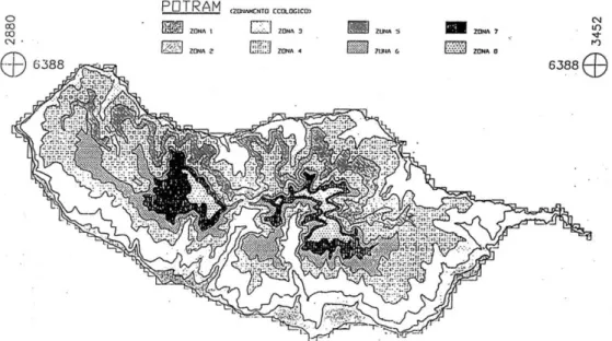 Fig. 4.5 – Vegetation belts and ecological zoning of the island of Madeira (Lopes, 1990)  