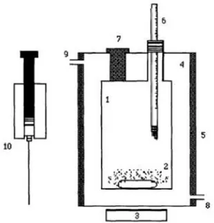 Figura  2.1  -  Aparato  experimental    (1. Solução,  2.  Excesso  de  sal,  3.  Agitador  magnético,  4.Camisa,  5.Isolante,  6