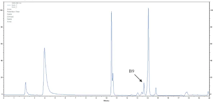 Figura 28- Cromatograma obtido na análise T=0 do suplemento com vitaminas e minerais.  =280 nm.