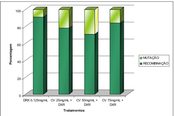 Figura 1. Porcentagem de mutação e recombinação gênica nos descendentes ST,  tratados com DXR (0,125mg/mL), isoladamente e associada a diferentes concentrações de CV