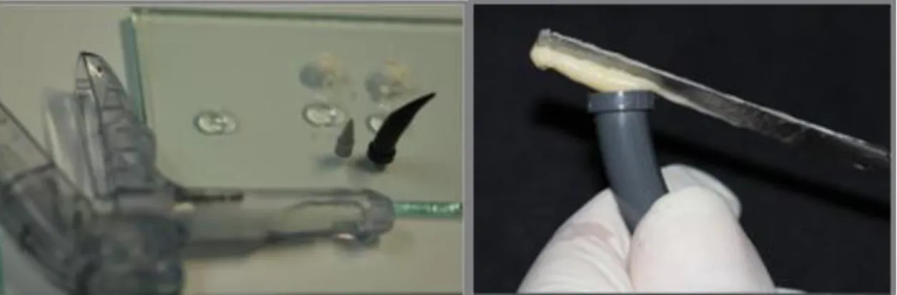 Figura 9. (A) Proporção líquido/pó do cimento; (B) Utilização da seringa centrix  para inserção do Vitremer e Ketac Fill