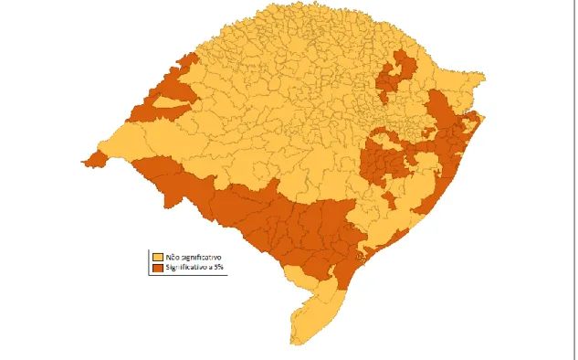 Figura 5: Distribuição espacial dos efeitos (betas) do IPM para os municípios do Rio Grande do  Sul - coeficientes locais 
