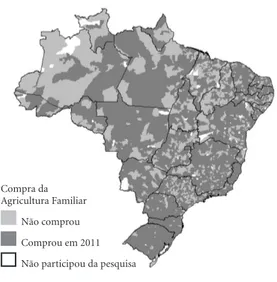 Figura 1. Mapa de distribuição espacial da compra  da agricultura familiar pelo Programa Nacional  de Alimentação Escolar (PNAE) nos municípios  brasileiros