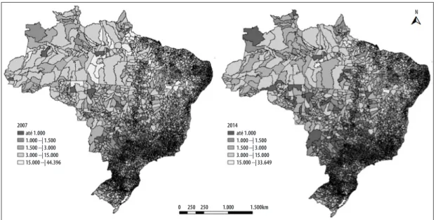 Figura 1 – Distribuição da relação de habitantes por cirurgião-dentista clínico-geral ou especialista nos  municípios, Brasil, 2007 e 2014