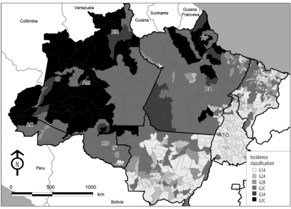 Figure 1 – Distribution of municipalities according to malaria incidence variation classification, brazilian  Amazon, 2016 Incidence   classificationG1AG2AG2BG2C G3AG3CN