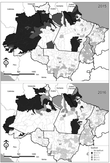 Figure 2 – Moran Map for the 'proportion of epidemiological weeks' indicator in endemic area municipalities,  brazilian Amazon, 2015-2016