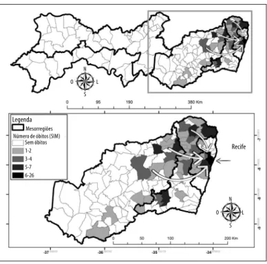 Figura 2 – Mapa de fluxo para os óbitos por esquistossomose em residentes na cidade do Recife, segundo  frequência por município do estado onde ocorreu a infecção, Pernambuco, 2005-2013
