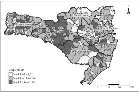 Figura 1 – Distribuição geográfica das taxas de hospitalização por Condições Sensíveis à Atenção Primária em  menores de 5 anos de idade (por 1.000 habitantes), por municípios, Santa Catarina, 2012