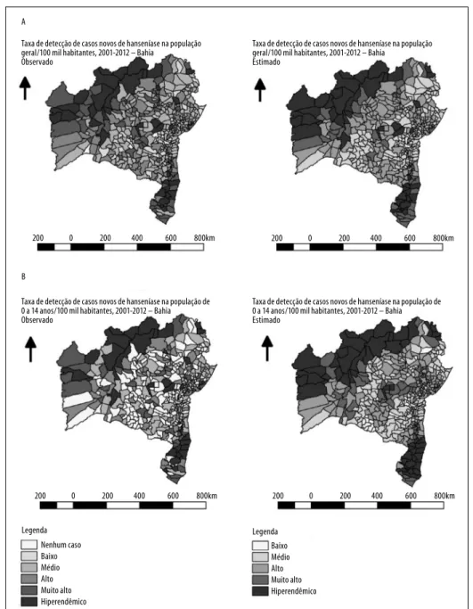 Figura 1 – Distribuição espacial dos coeficientes de detecção de casos novos de hanseníase na população geral  (A) e na população de 0 a 14 anos (B), valores observados e estimados, Bahia, 2001-2012