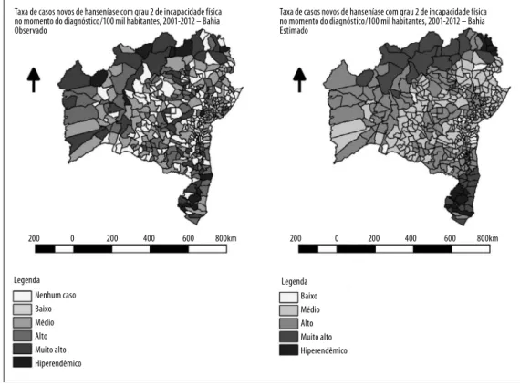 Figura 2 – Distribuição espacial da taxa de casos novos de hanseníase com grau 2 de incapacidade física no  momento do diagnóstico, observados e estimados, Bahia, 2001-2012