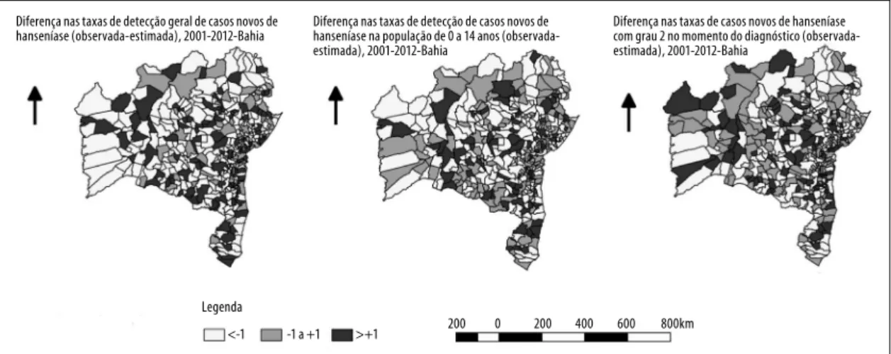 Figura 4 – Distribuição espacial das diferenças entre os indicadores observados e estimados pelo modelo  bayesiano empírico local, Bahia, 2001-2012