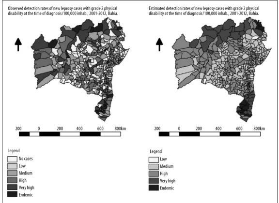 Figure 2 – Spatial distribution of the rate of new leprosy cases with grade 2 physical disability at the time of  diagnosis, observed and estimated, Bahia, 2001-2012