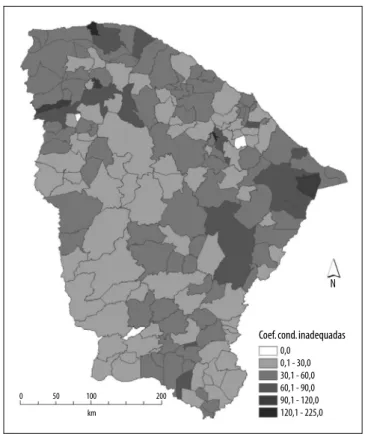 Figura 2 – Coeficientes padronizados de prevalência de condutas inadequadas em atendimentos antirrábicos  humanos (por 10 mil habitantes), por município, Ceará, 2007-2015