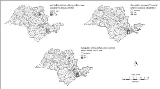 Figure 3 – Distribution of confirmed cases of congenital syndrome associated with Zika virus infection and other  infectious etiologies, and distribution of confirmed cases of congenital infection without etiological  identification according to municipali