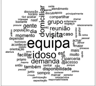 Figure 2.  Word Cloud: facilitators experienced by NASF professionals to develop  PHE in elderly care in a city in Mid-North Paraná state, Brazil, 2017