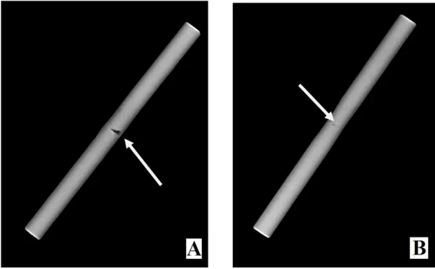 Figura  6-  Exemplos  de  imagem  radiográfica.  A)  Espécime  com  defeito  extenso  na  região da solda; B) Espécime com defeito aceitável na região da solda