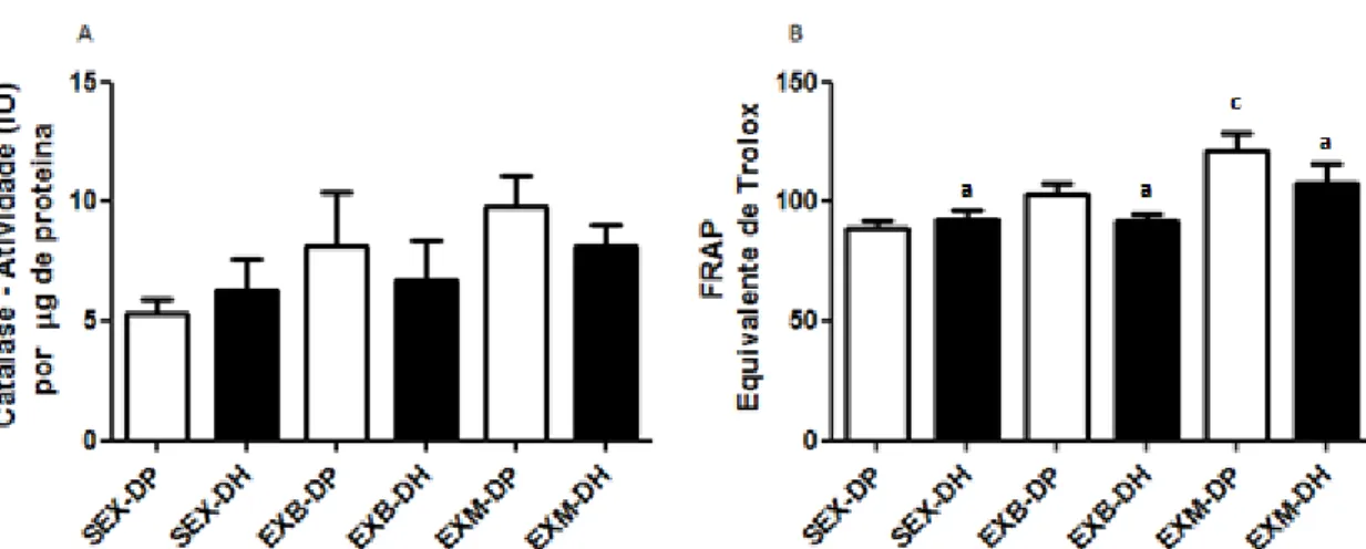 Figura 8. Defesa antioxidante muscular. Atividade da Catalase (A); Atividade anti-oxidante total -  FRAP  (B),  representados  pela  média  ±  erro  padrão