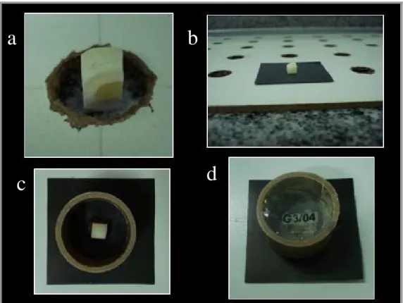 Figura  7  a:  superfície  aplainada  sobre  bancada  de  granito;  b:  amostra  posicionada em placa de inclusão; c: molde cilíndrico de PVC posicionado;  d: 