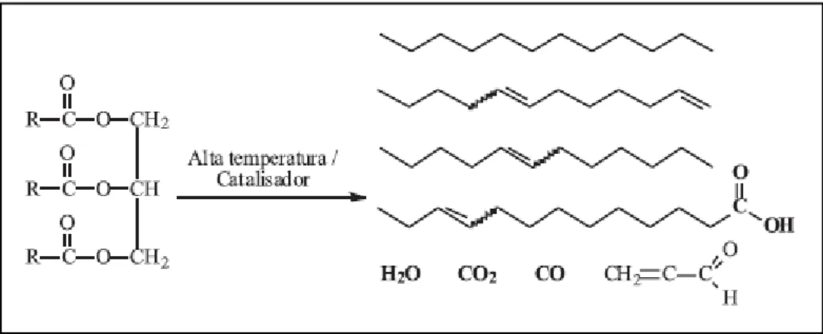 Figura 8: Reação de craqueamento de triacilglicerídeos - Fonte:(SUAREZ, 2009)  