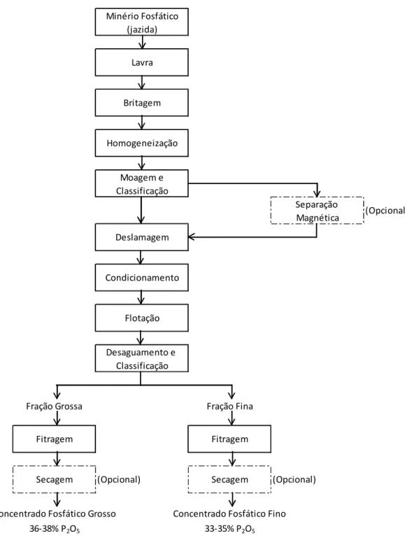 Figura 2.3 - Diagrama esquemático do processo produtivo de concentrado fosfático   (Adaptado de IPT-SP, 1985)