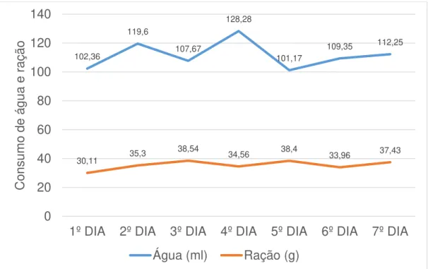 Figura 7. Média do consumo de água e ração pelos animais diabéticos ao longo  da terceira semana após a indução do diabetes