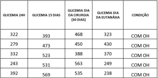 Tabela 2 -  Valores da glicemia do grupo diabético com  oxigenação  hiperbárica,  medidos medidos após:  24h,  15 dias,  30 dias e 37 dias após a indução