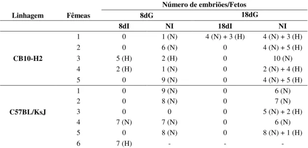 Tabela 3. Presença de embriões ou fetos no útero em fêmeas de camundongos CB10- CB10-H2 e C57BL/KsJ infectadas por via oral com cinco cistos da cepa ME-49 de T