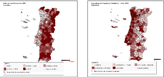 Figura 5: Índice de envelhecimento/estimativas da população residente por concelhos em 2003  Fonte: INE, O País em Números, 2004 