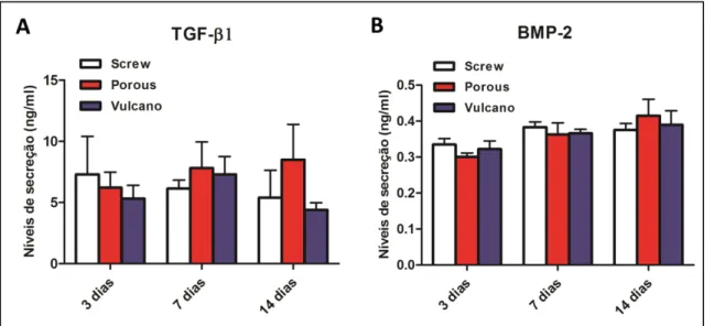 Figura  4.  Níveis  de  TGF- β1  (A)  e  BMP-2  (B)  secretados  pelas  células  hFOB  1.19 cultivadas sobre as superfícies Screw ®  (usinada), Porous ®  (ataque ácido)  e Vulcano ®  (anodizada com CaP) após 3, 7 e 14 dias
