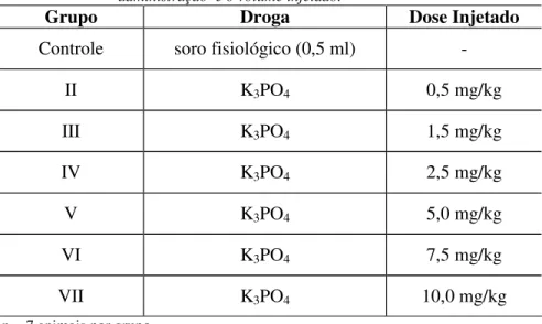 Tabela 5.1 – Distribuição do grupo, quantidade de animais, droga, via de   administração  e o volume injetado