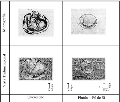 Figura 3.4:  Aspecto superficial e vistas tridimensionais das crateras geradas por uma descarga de um único pulso (Okada e Uno 1997).
