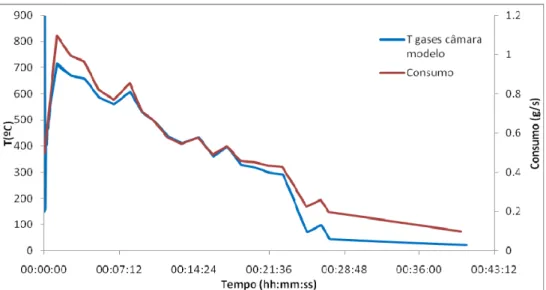 Figura 26 – Simulação do consumo de biomassa e da evolução da temperatura dos gases de  combustão