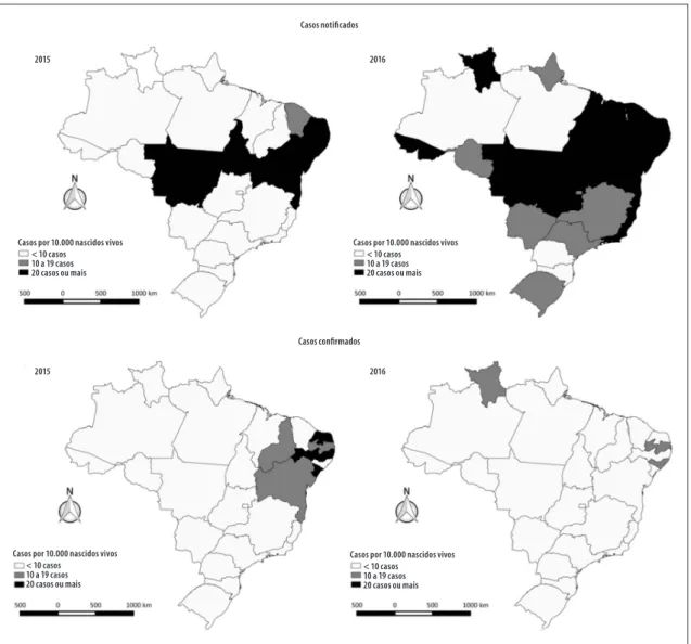 Figura 4 – Distribuição espacial dos coeficientes de prevalência (por 10 mil nascidos vivos) de casos notificados e  confirmados de síndrome congênita associada à infecção pelo vírus Zika em nascidos vivos, segundo  ano de nascimento e Unidade da Federação
