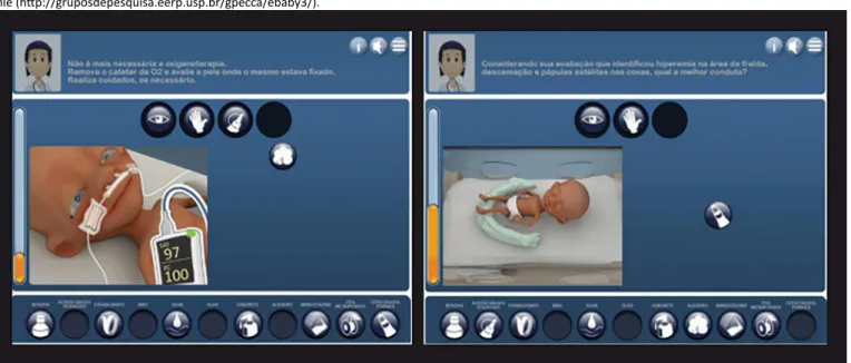 Figure 3.  Screens of the serious game e-Baby: skin integrity demonstrating the available and selected toolbars, and the drag-and-drop process
