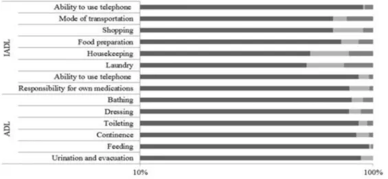 Figure 1 . Degree of dependence ( % ) for the basic and instrumental forms of life in patients with hematologic neoplasms in  cancer treatment