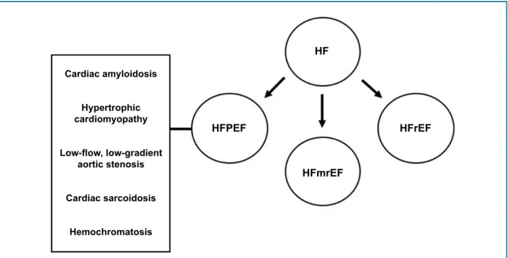 Figure 3 - Phenocopies of heart failure with preserved ejection fraction. HF: heart failure; HFPEF: heart failure with preserved ejection  fraction; HFmrEF: heart failure with mid-range ejection fraction; HFrEF: heart failure with reduced ejection fraction