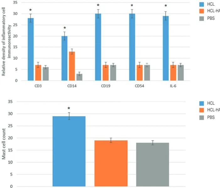 Figure 3 - Relative density of CD3, CD14, CD19, CD56 and IL-6 immunoreactivity. Infl ammatory response was found to  regress to the control group (PBS) levels signifi cantly compared with HCl group after intravesical HA treatment