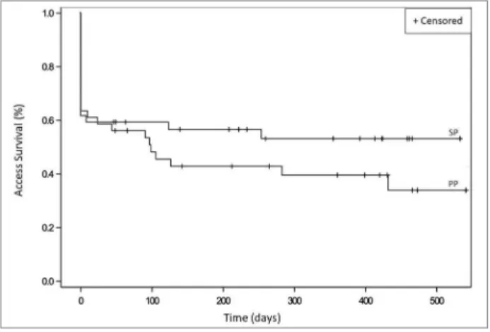 Figure 3.  Kaplan Meier vascular access survival curves according to  the primary patency (PP) and secondary patency (SP).