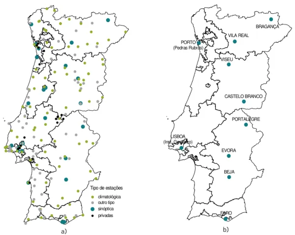 Figura 2.1. Localização das estações meteorológicas (a) existentes em Portugal Continental e (b) seleccionadas  para este estudo