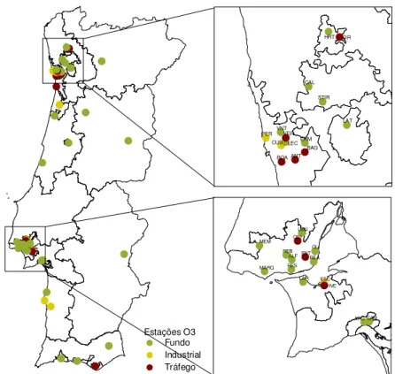 Figura 2.5. Localização geográfica (em pormenor) das estações de monitorização de O 3  localizadas nas áreas  urbanas do Porto e Lisboa, existentes em 2006