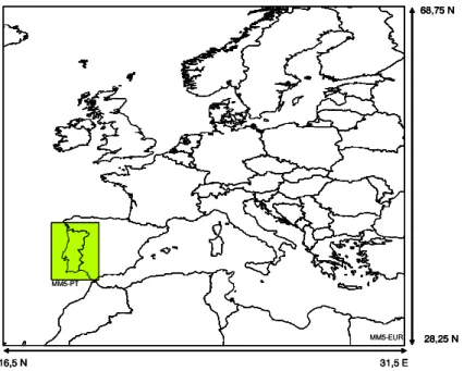 Figura 3.6. Domínios de aplicação do modelo MM5 para o caso de estudo de Portugal Continental