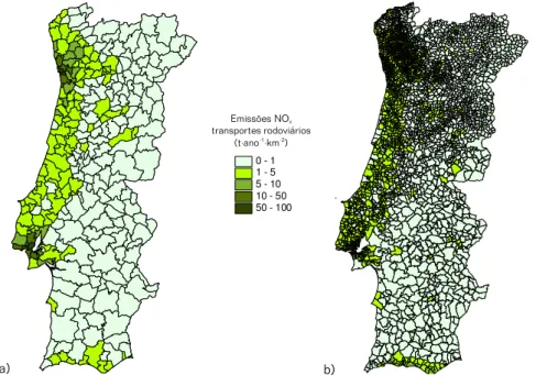 Figura 3.14. Distribuição espacial das emissões de NO x  (ano 2003) provenientes do tráfego rodoviário para uma  (a) desagregação por concelho e (b) por freguesia.