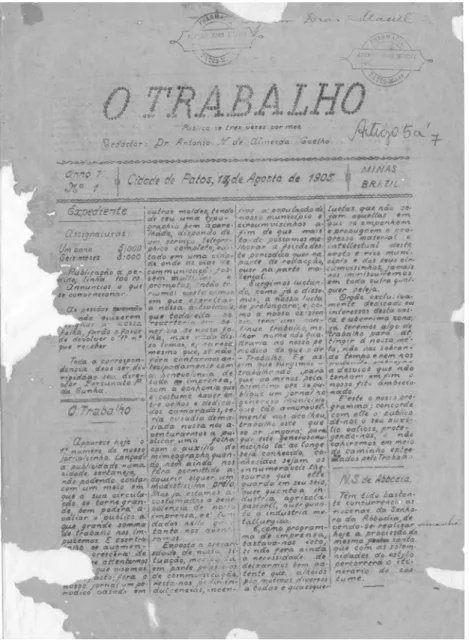 FIGURA 5. Reprodução da capa da 1ª edição da capa do jornal O Trabalho  (15/8/1905) 