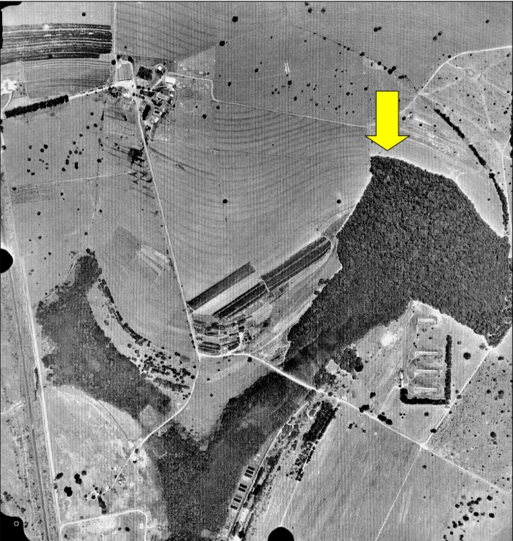Figura 1. Foto aérea da área principal da  Fazenda Experimental do Glória. A seta  amarela mostra a localização da Mata Mesófila Semidecídua