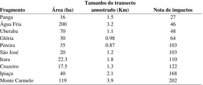 Tabela  1.1:  Fragmentos  de  floresta  estacional  semidecidual  no  Triângulo  Mineiro,  Minas  Gerais,  Brasil  e  suas  classificações  quanto  à  quantidade  e  à  classificação  do  grupo  de  perturbação antrópicos